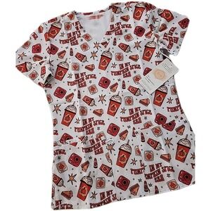 Fall/Thanksgiving /Autumn-themed Poly Performance 3-Pocket Scrub Top NWT SMALL